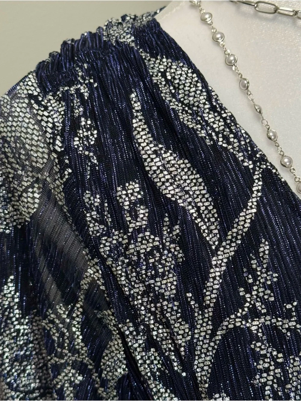 Anthropologie Romantic Glam Navy Metallic Silver Smocked Blouse NWT S Sheer - Picture 7 of 9